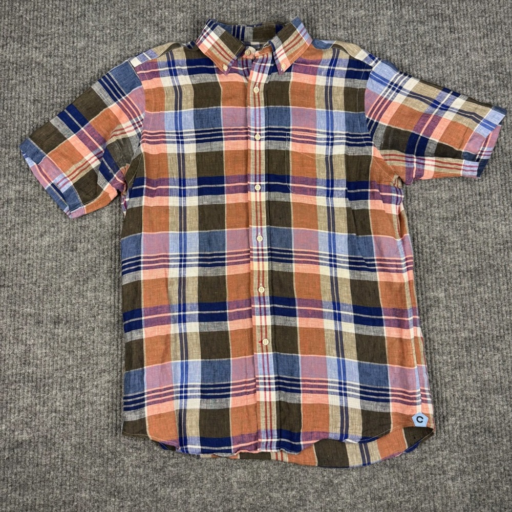 Cremieux Button Down Shirt Mens M Linen Short Sleeve Plaid Preppy Picnic